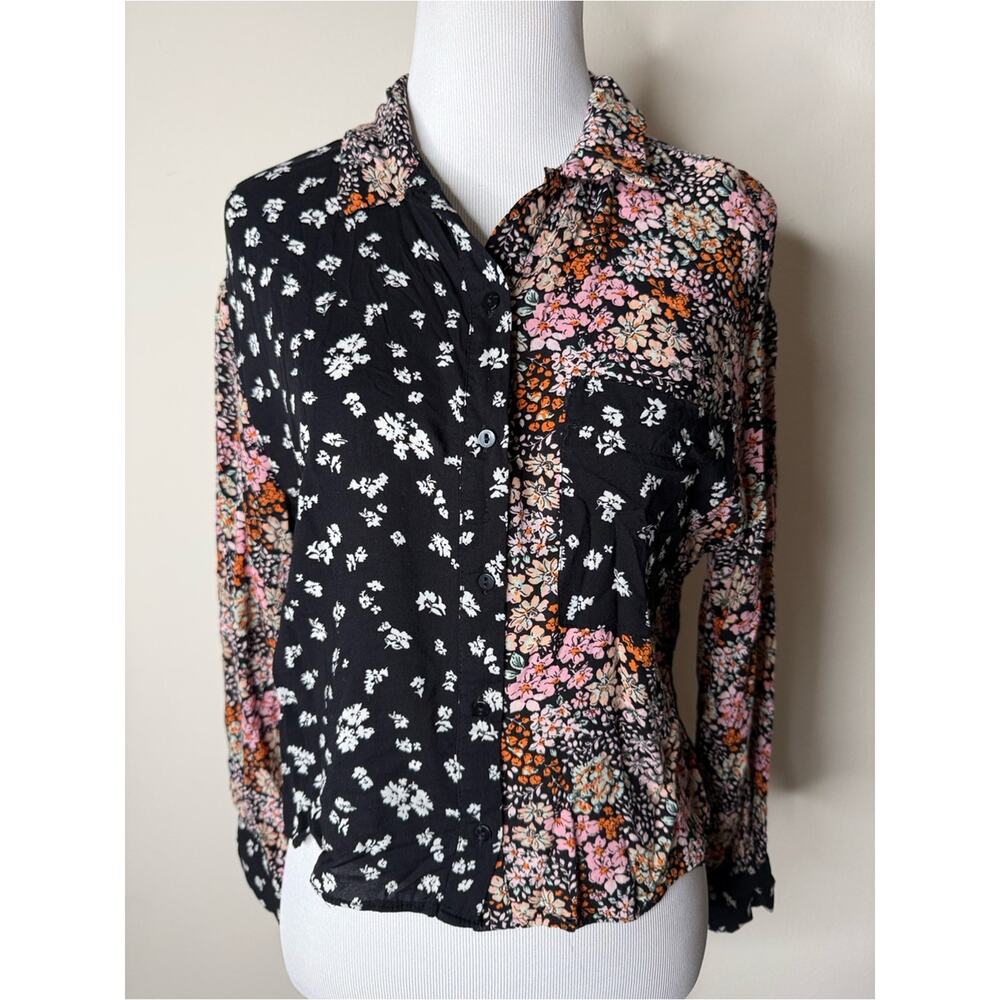 Zara Orange and Black Patchwork Floral Button Down